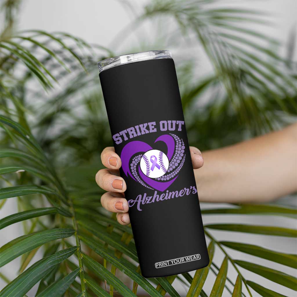 Strike Out Alzheimers Skinny Tumbler Purple Ribbon Baseball Hope Support
