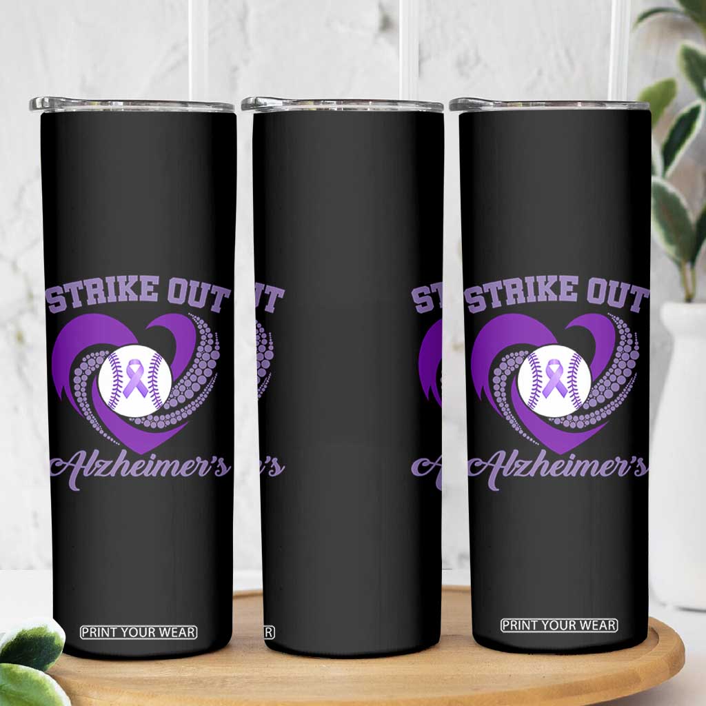 Strike Out Alzheimers Skinny Tumbler Purple Ribbon Baseball Hope Support