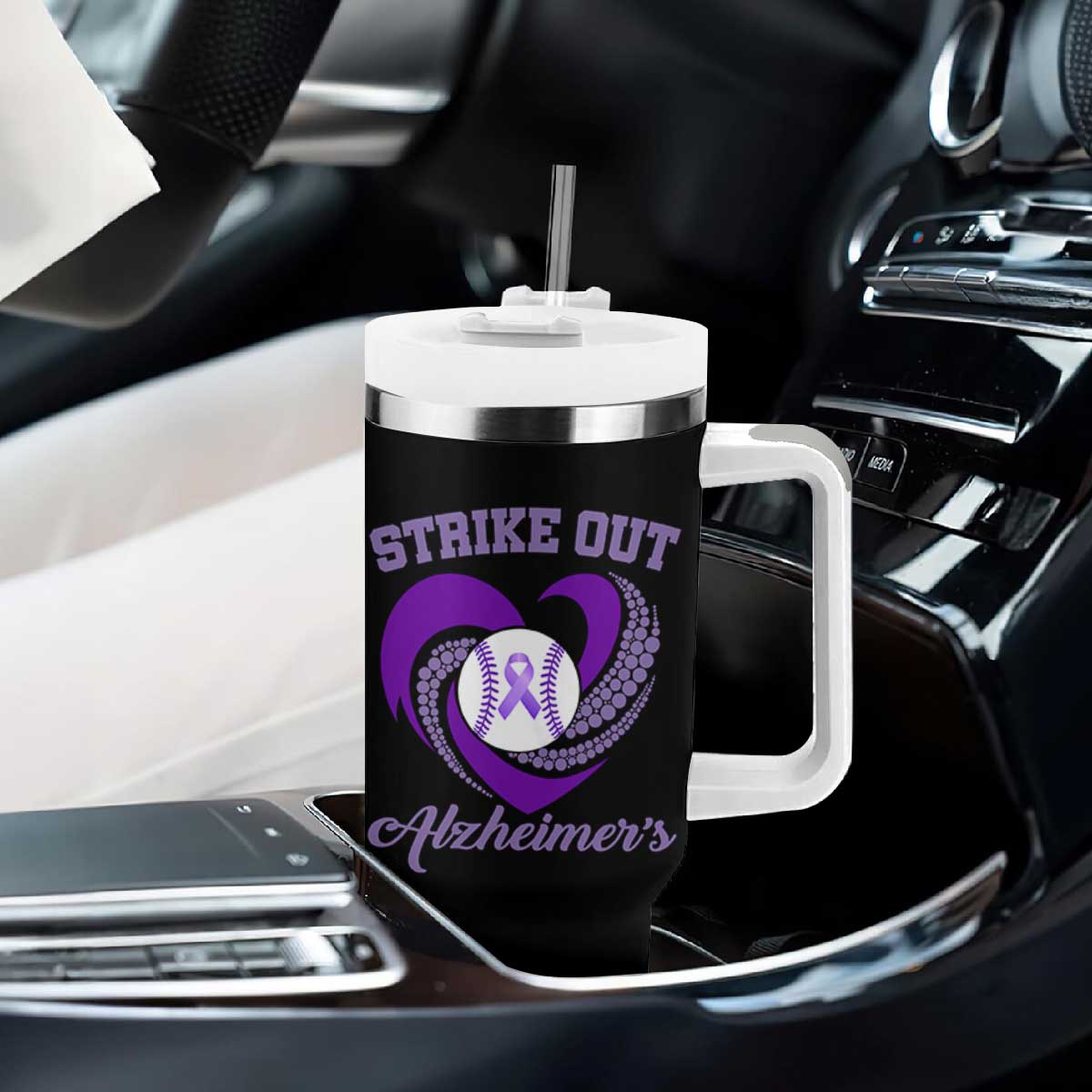 Strike Out Alzheimers Tumbler With Handle Purple Ribbon Baseball Hope Support