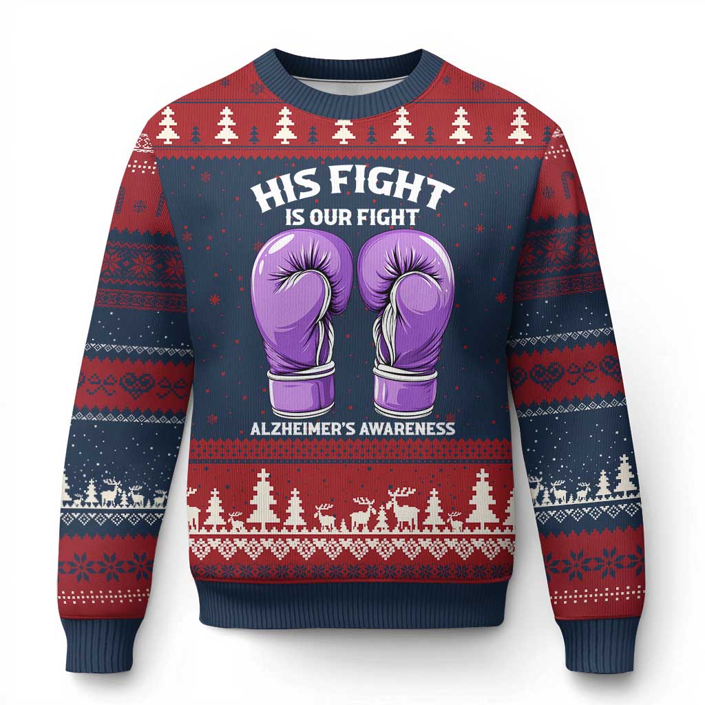 Purple Boxing Gloves Alzheimers Support Ugly Christmas Sweater His Fight Our Fight TS12 Navy Red Print Your Wear