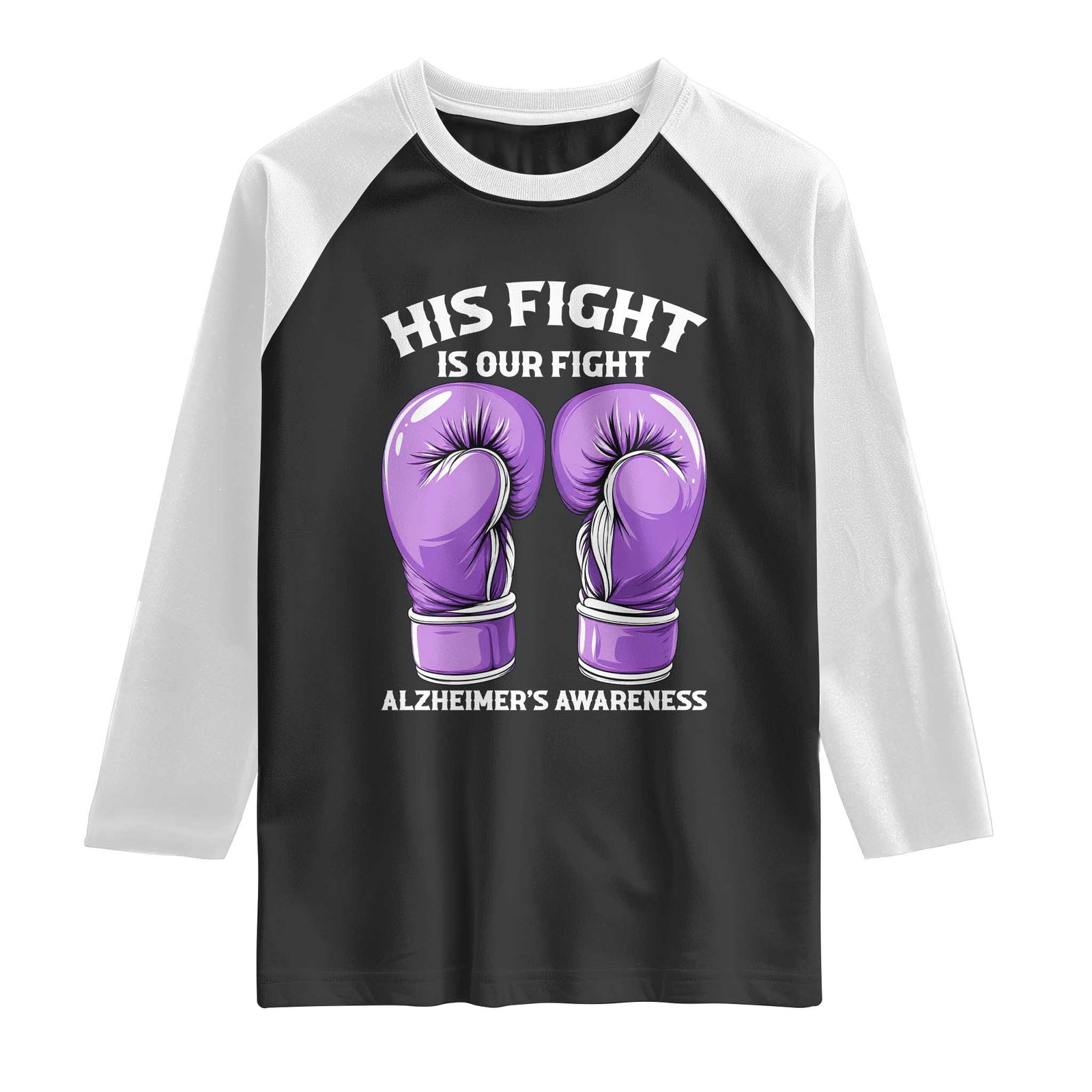 Purple Boxing Gloves Alzheimers Support Raglan Shirt His Fight Our Fight TS12 Black White Print Your Wear