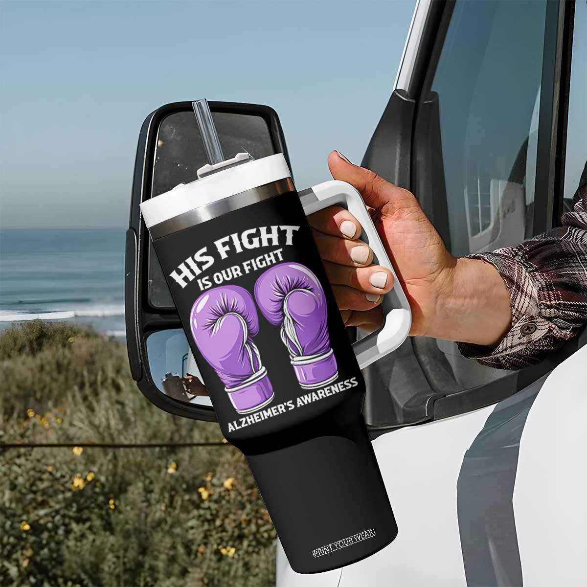 Purple Boxing Gloves Alzheimers Support Tumbler With Handle His Fight Our Fight