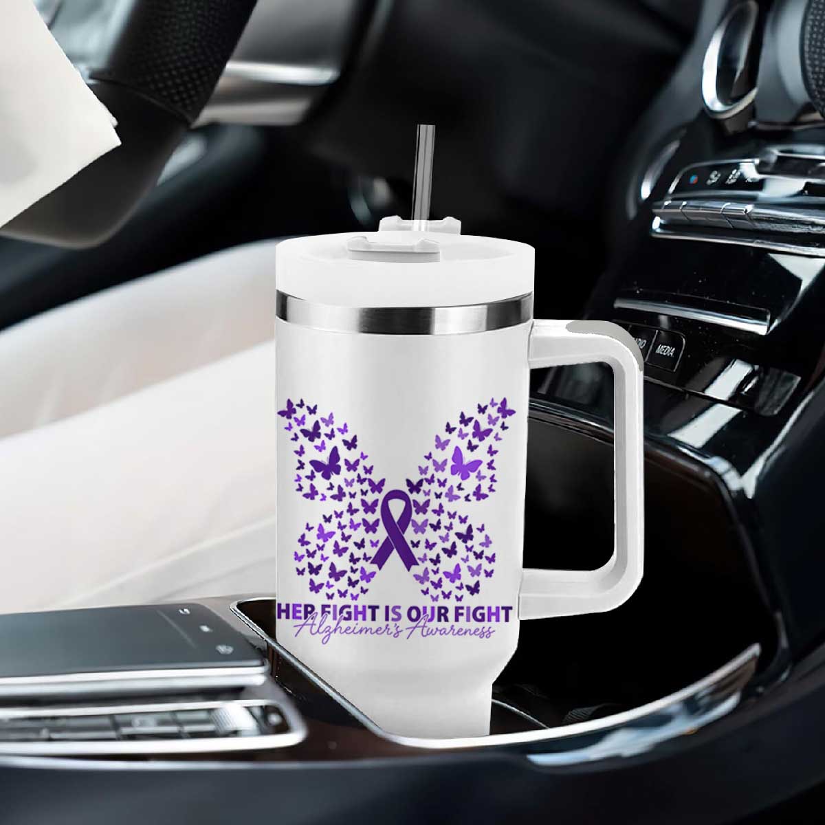 Alzheimers Awareness Butterfly Support Gift Tumbler With Handle Her Fight Our Fight