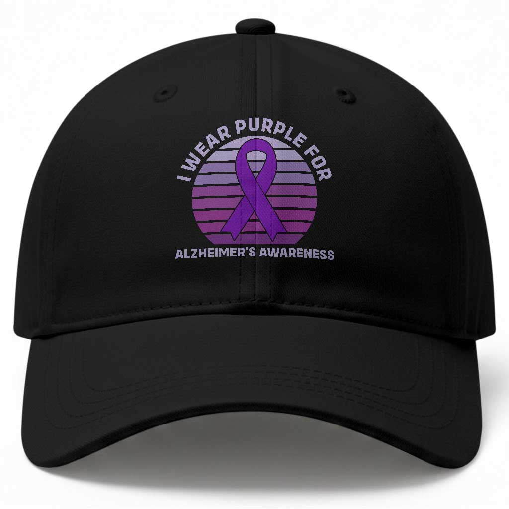 I Wear Purple For Alzheimers Baseball Cap Vintage Sunset Purple Ribbon Graphic TS12 Print Your Wear