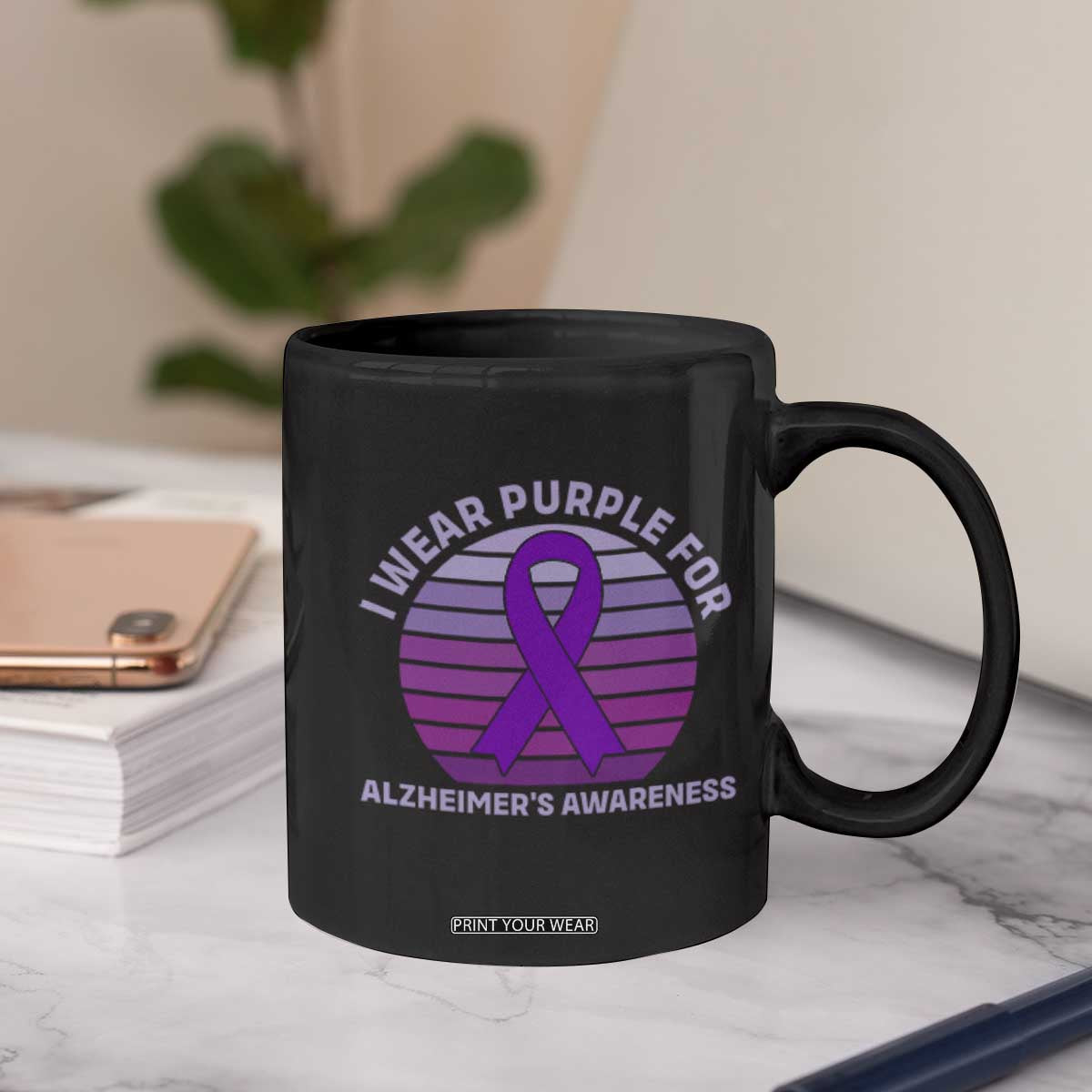 I Wear Purple For Alzheimers Coffee Mug Vintage Sunset Purple Ribbon Graphic
