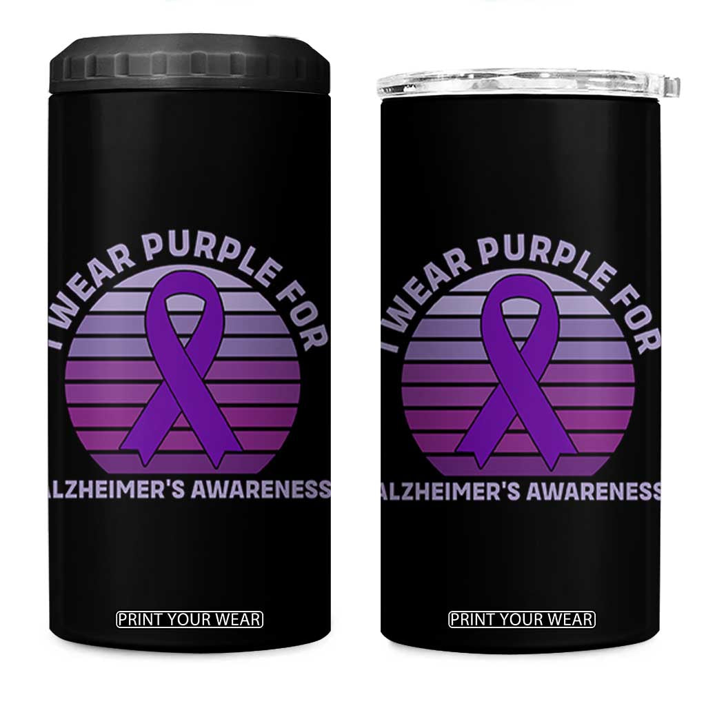 I Wear Purple For Alzheimers 4 in 1 Can Cooler Tumbler Vintage Sunset Purple Ribbon Graphic