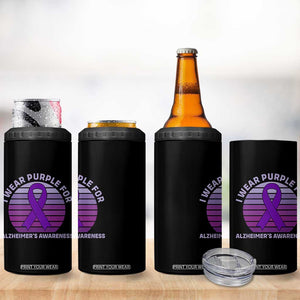 I Wear Purple For Alzheimers 4 in 1 Can Cooler Tumbler Vintage Sunset Purple Ribbon Graphic