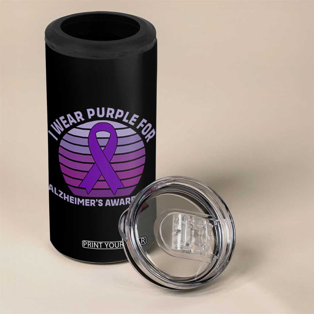 I Wear Purple For Alzheimers 4 in 1 Can Cooler Tumbler Vintage Sunset Purple Ribbon Graphic