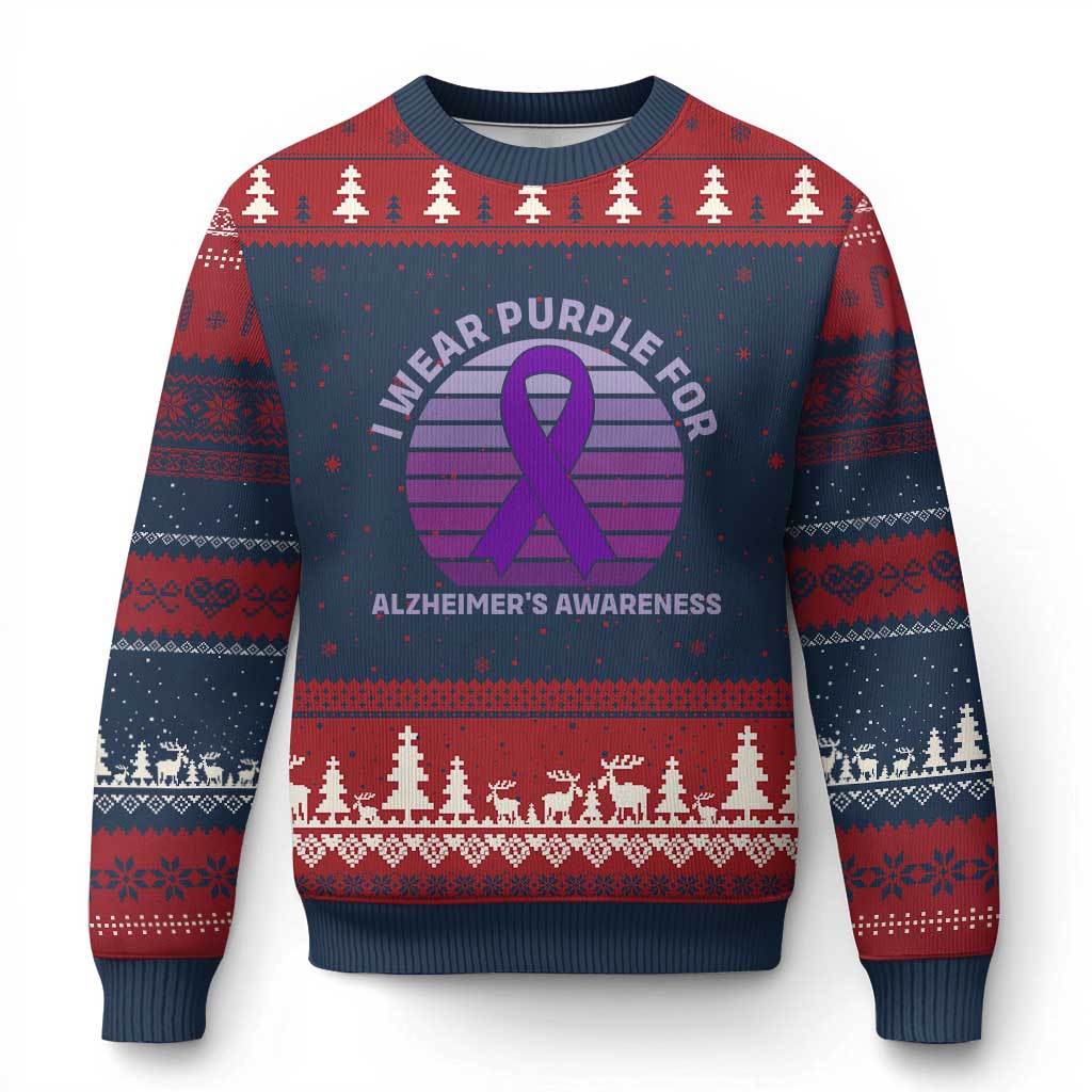I Wear Purple For Alzheimers Ugly Christmas Sweater Vintage Sunset Purple Ribbon Graphic