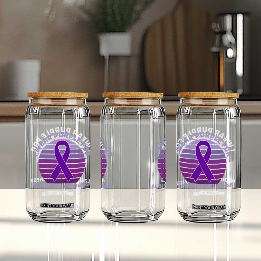 I Wear Purple For Alzheimers Glass Can Vintage Sunset Purple Ribbon Graphic