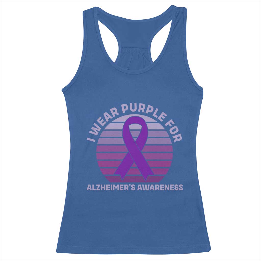 I Wear Purple For Alzheimers Racerback Tank Top Vintage Sunset Purple Ribbon Graphic