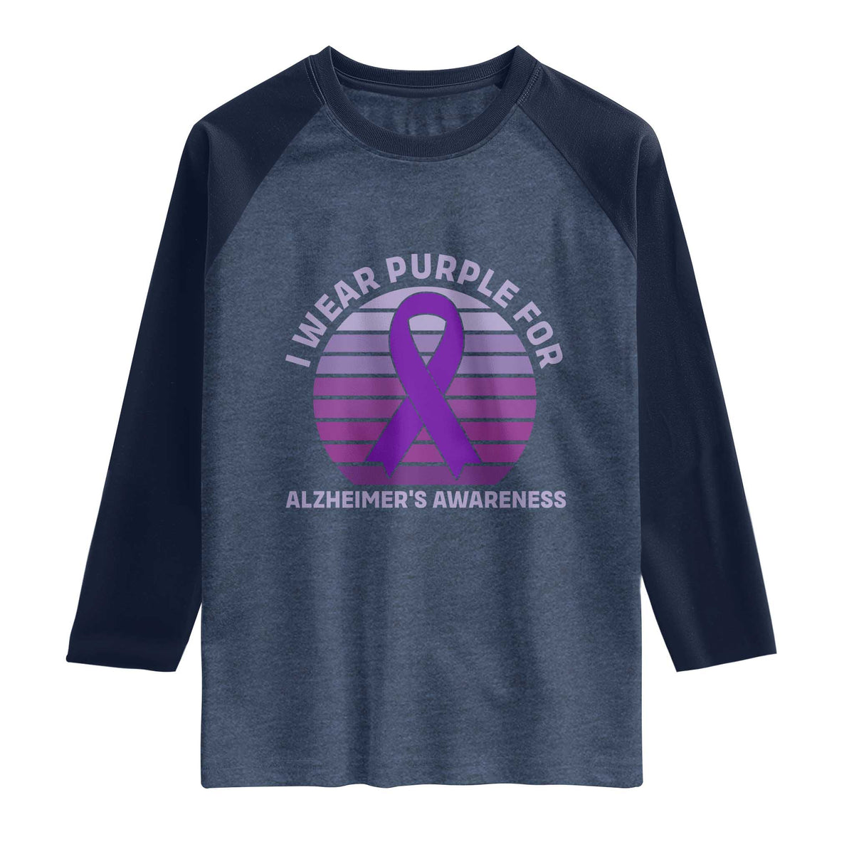I Wear Purple For Alzheimers Raglan Shirt Vintage Sunset Purple Ribbon Graphic