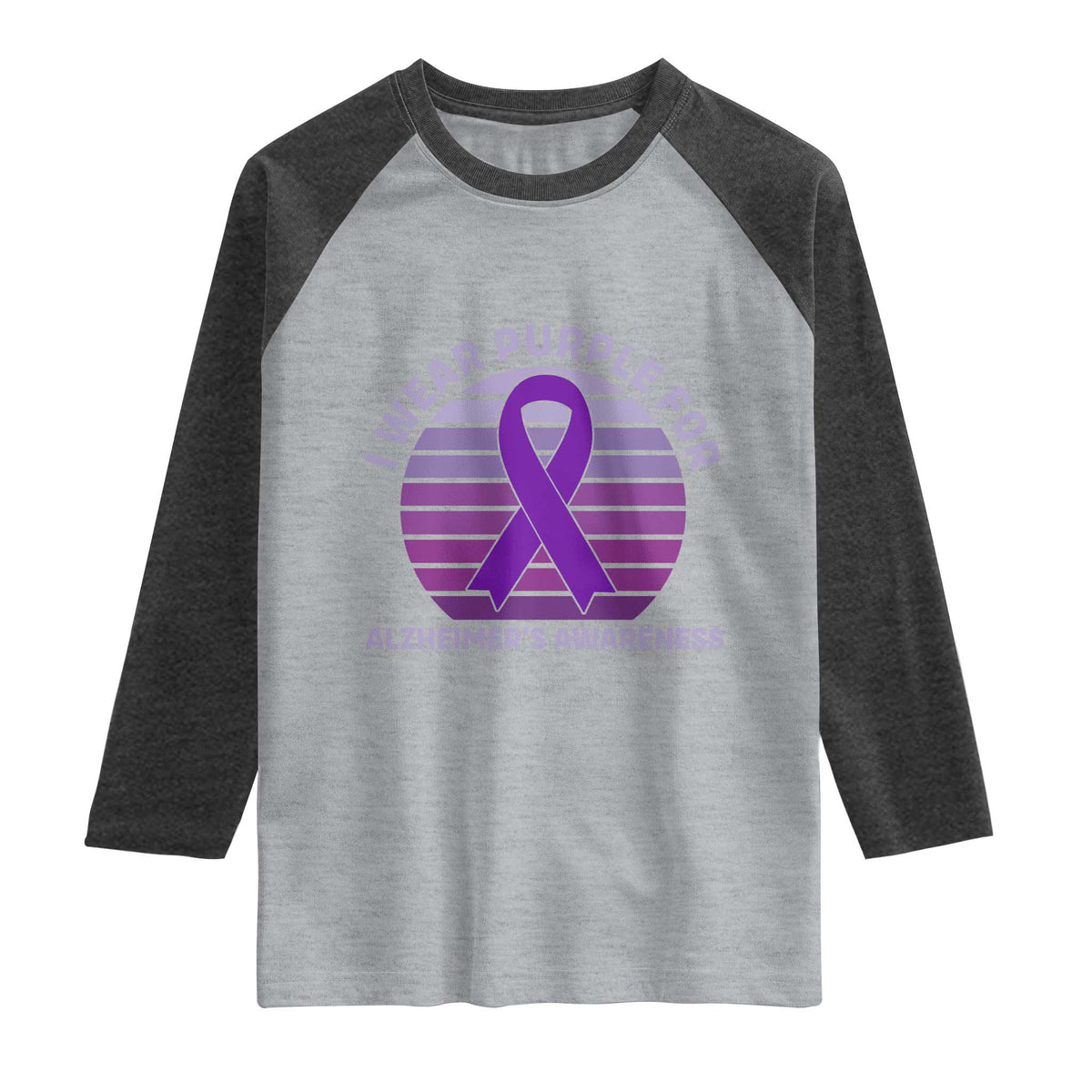 I Wear Purple For Alzheimers Raglan Shirt Vintage Sunset Purple Ribbon Graphic