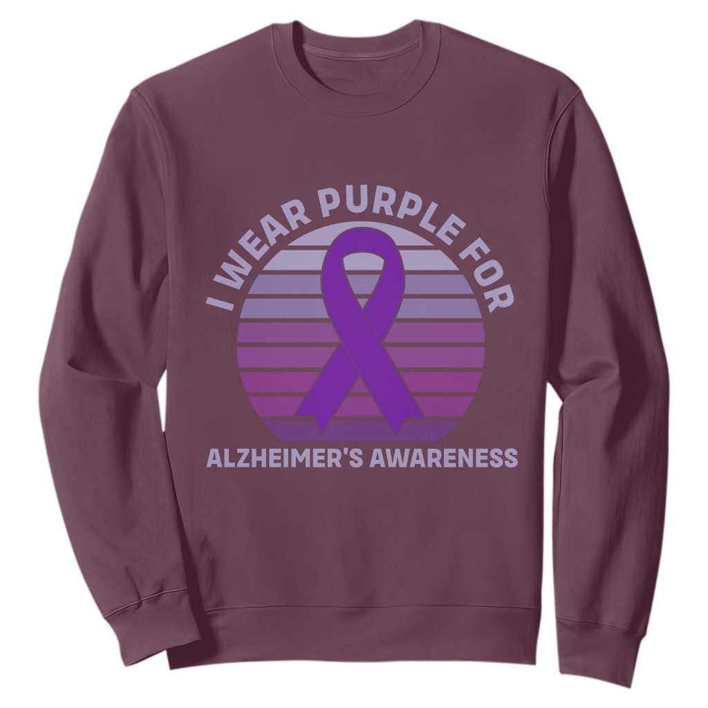 I Wear Purple For Alzheimers Sweatshirt Vintage Sunset Purple Ribbon Graphic