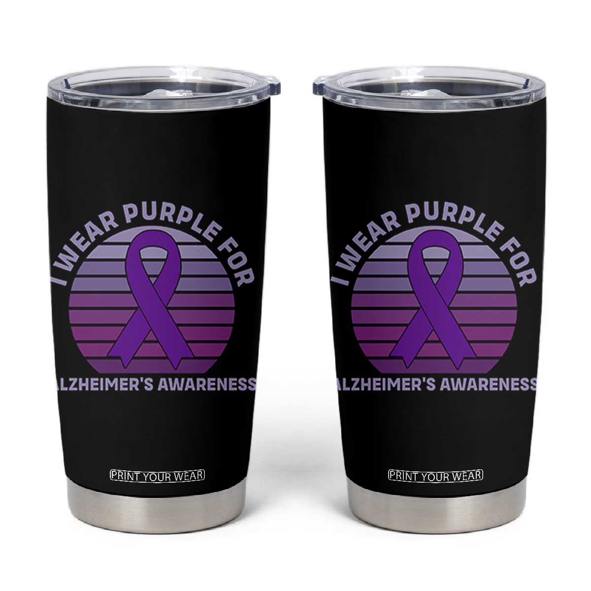 I Wear Purple For Alzheimers Tumbler Cup Vintage Sunset Purple Ribbon Graphic