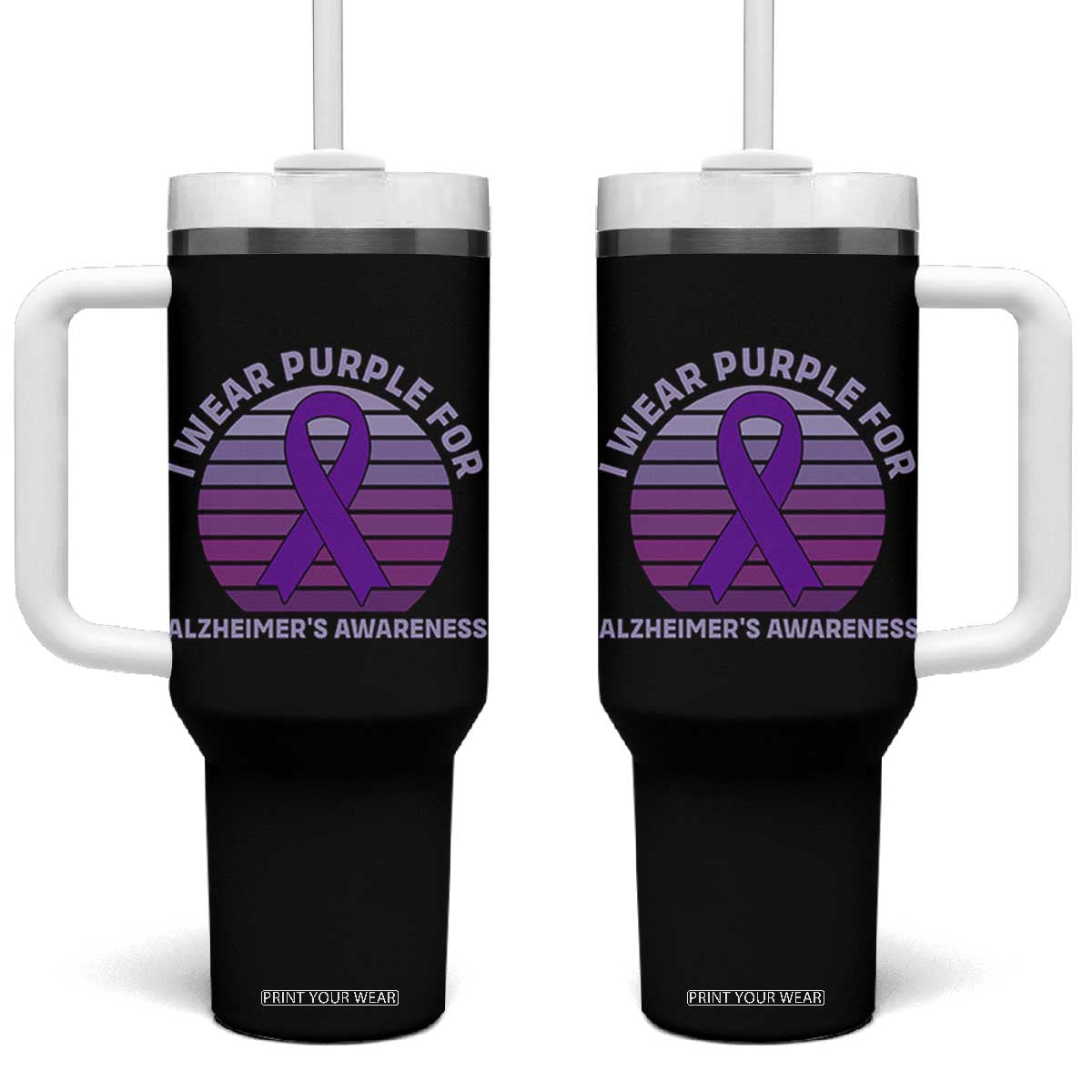 I Wear Purple For Alzheimers Tumbler With Handle Vintage Sunset Purple Ribbon Graphic