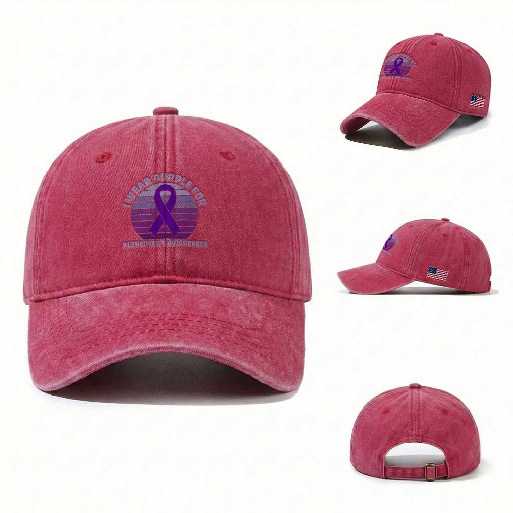 I Wear Purple For Alzheimers Washed Cotton Baseball Cap Vintage Sunset Purple Ribbon Graphic