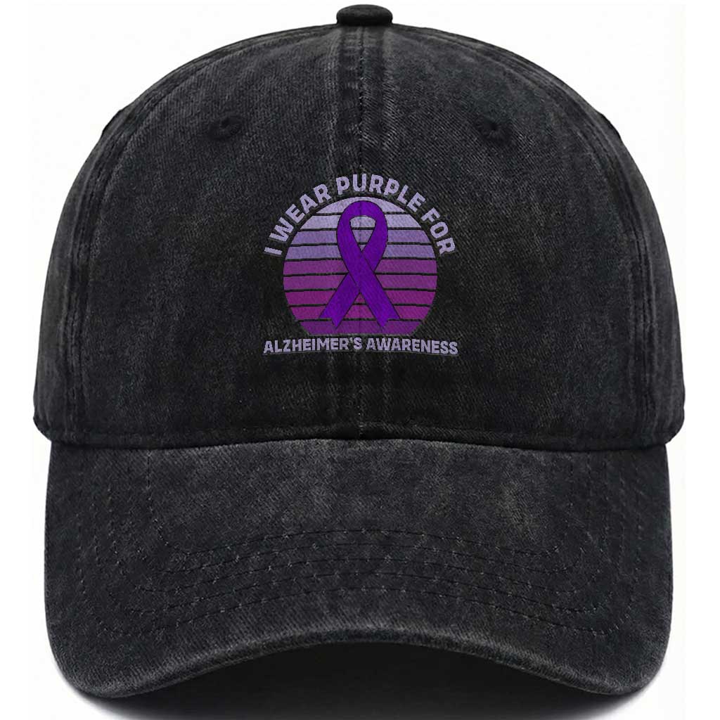 I Wear Purple For Alzheimers Washed Cotton Baseball Cap Vintage Sunset Purple Ribbon Graphic TS12 Print Your Wear