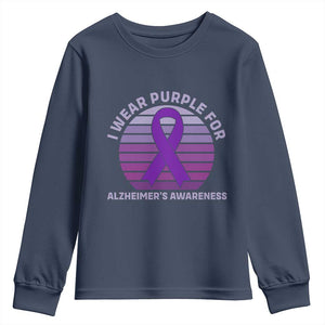 I Wear Purple For Alzheimers Youth Sweatshirt Vintage Sunset Purple Ribbon Graphic