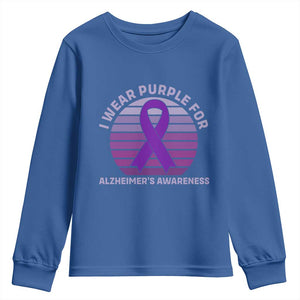 I Wear Purple For Alzheimers Youth Sweatshirt Vintage Sunset Purple Ribbon Graphic