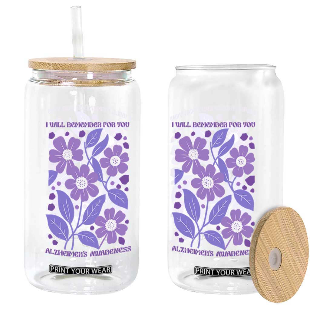 Alzheimers Purple Floral Retro Graphic Glass Can I Will Remember For You