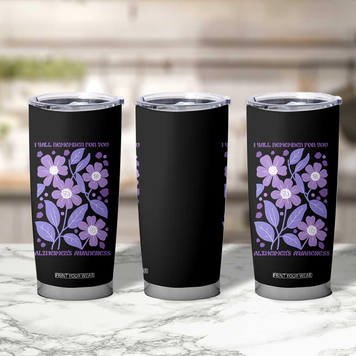 Alzheimers Purple Floral Retro Graphic Tumbler Cup I Will Remember For You