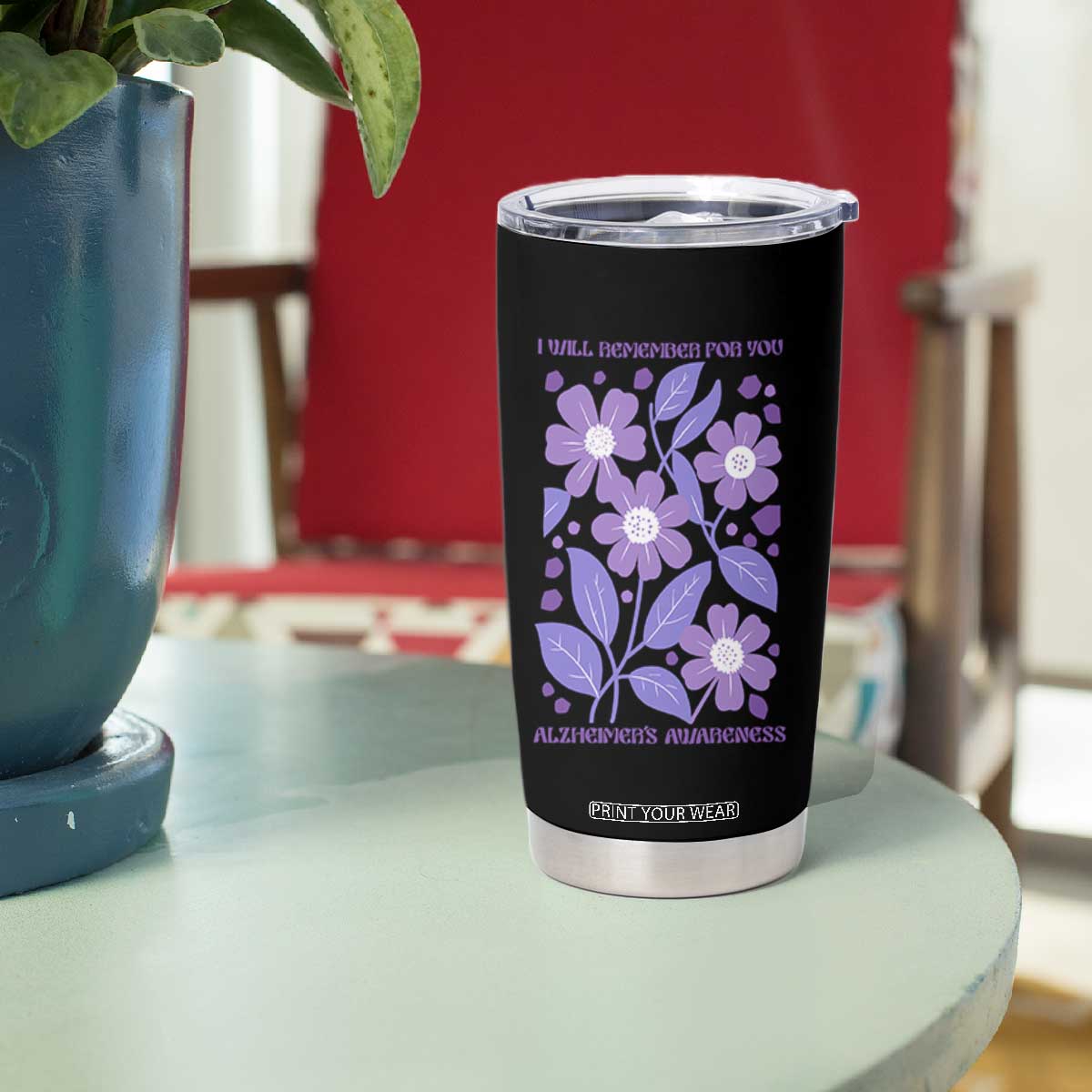 Alzheimers Purple Floral Retro Graphic Tumbler Cup I Will Remember For You