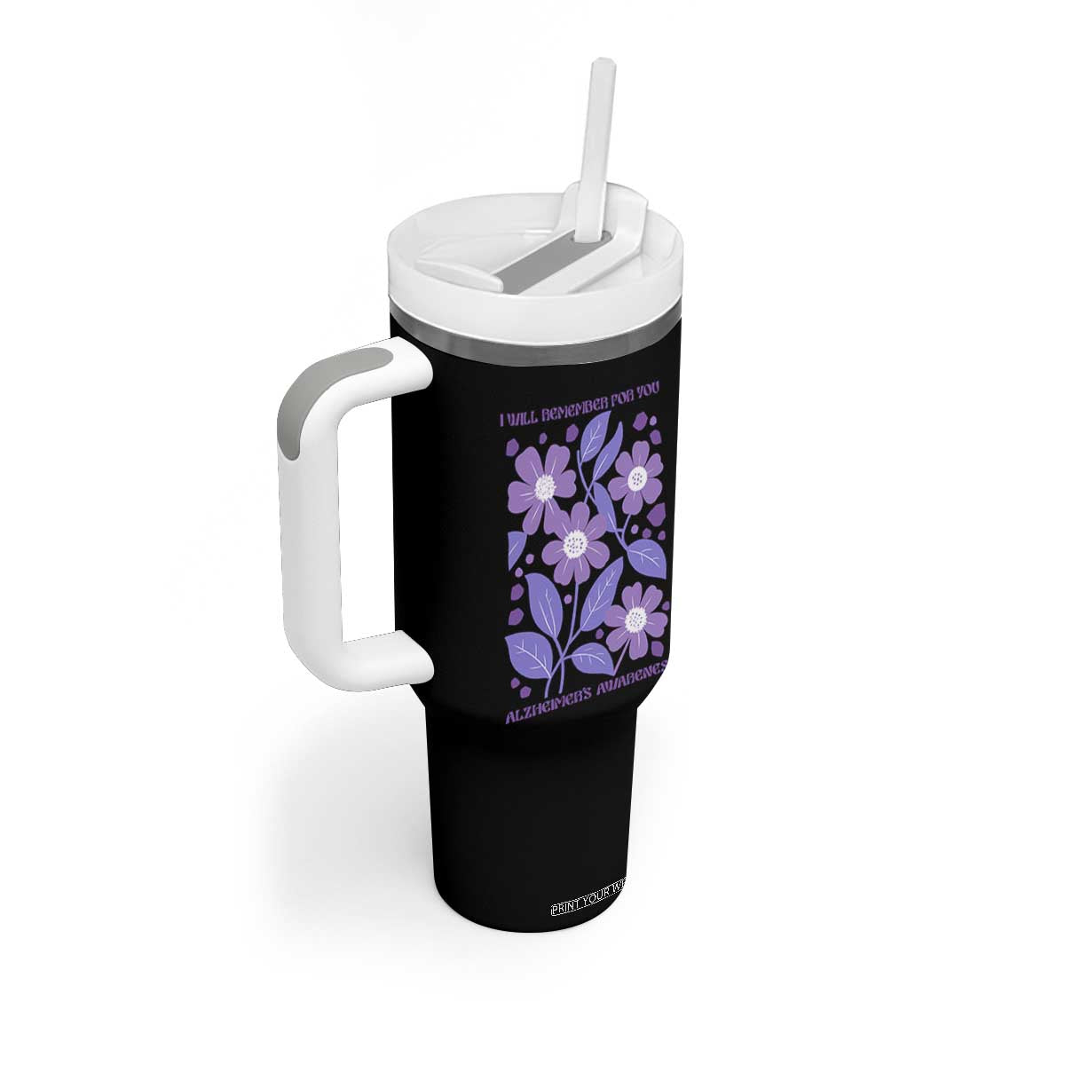 Alzheimers Purple Floral Retro Graphic Tumbler With Handle I Will Remember For You