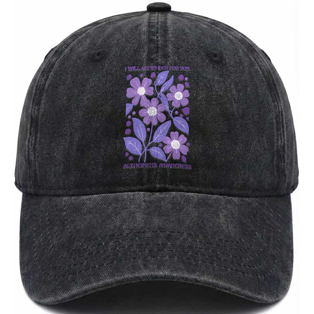 Alzheimers Purple Floral Retro Graphic Washed Cotton Baseball Cap I Will Remember For You TS12 Print Your Wear