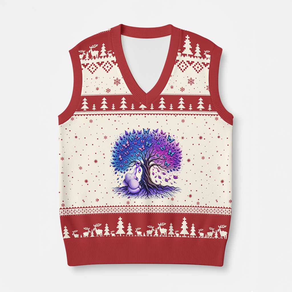 Purple Elephant Butterfly Ribbon V-Neck Knit Sweater Vest Tree Of Life Alzheimers Support