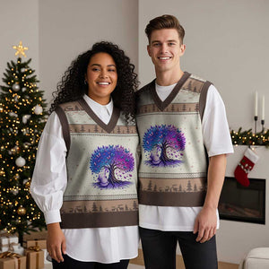 Purple Elephant Butterfly Ribbon V-Neck Knit Sweater Vest Tree Of Life Alzheimers Support