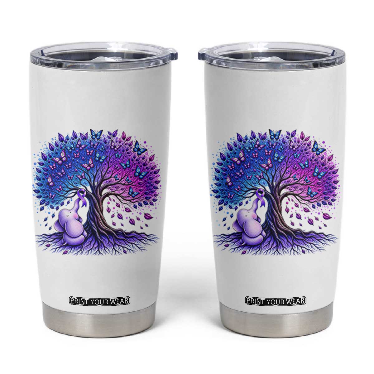 Purple Elephant Butterfly Ribbon Tumbler Cup Tree Of Life Alzheimers Support TS12 White Print Your Wear