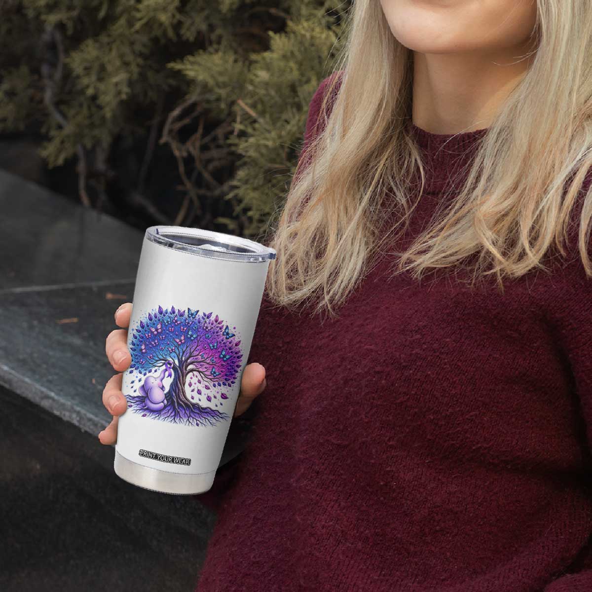 Purple Elephant Butterfly Ribbon Tumbler Cup Tree Of Life Alzheimers Support TS12 Print Your Wear