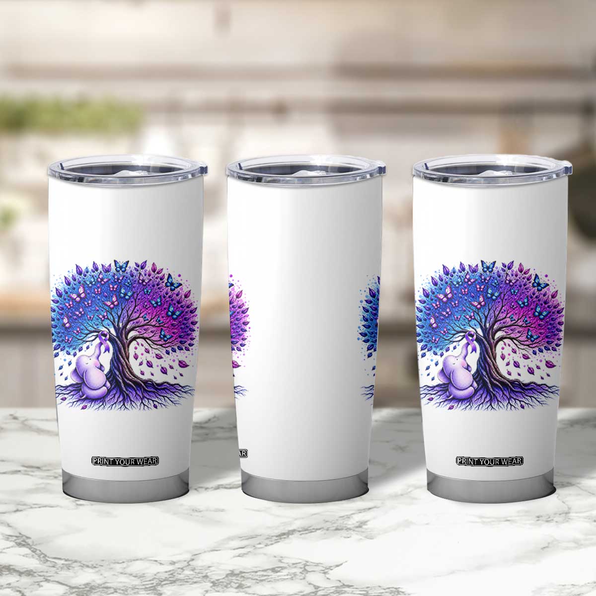Purple Elephant Butterfly Ribbon Tumbler Cup Tree Of Life Alzheimers Support TS12 Print Your Wear