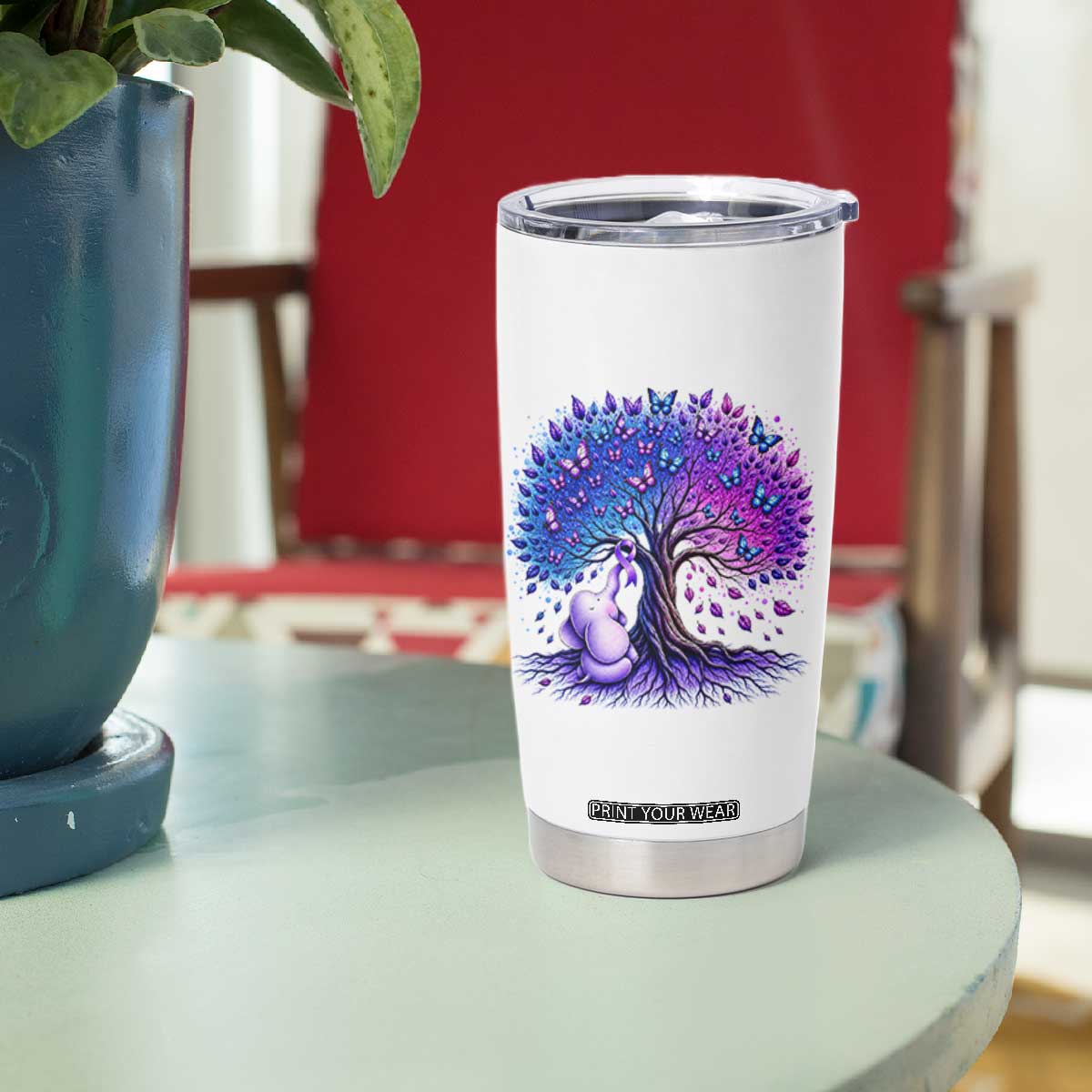 Purple Elephant Butterfly Ribbon Tumbler Cup Tree Of Life Alzheimers Support TS12 Print Your Wear