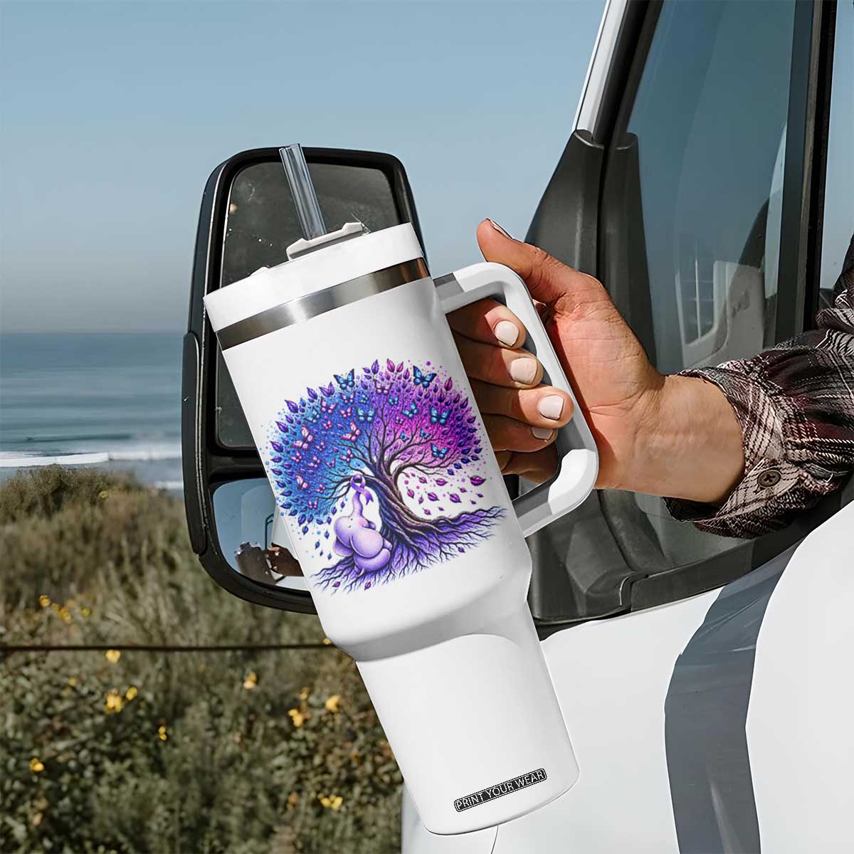 Purple Elephant Butterfly Ribbon Tumbler With Handle Tree Of Life Alzheimers Support TS12 Print Your Wear