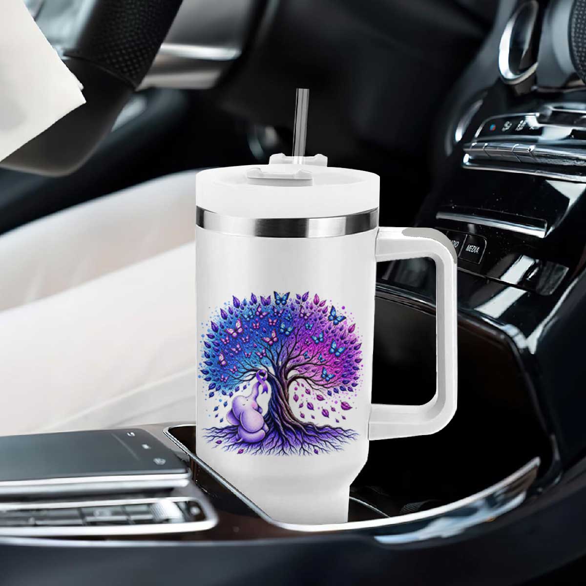 Purple Elephant Butterfly Ribbon Tumbler With Handle Tree Of Life Alzheimers Support TS12 Print Your Wear