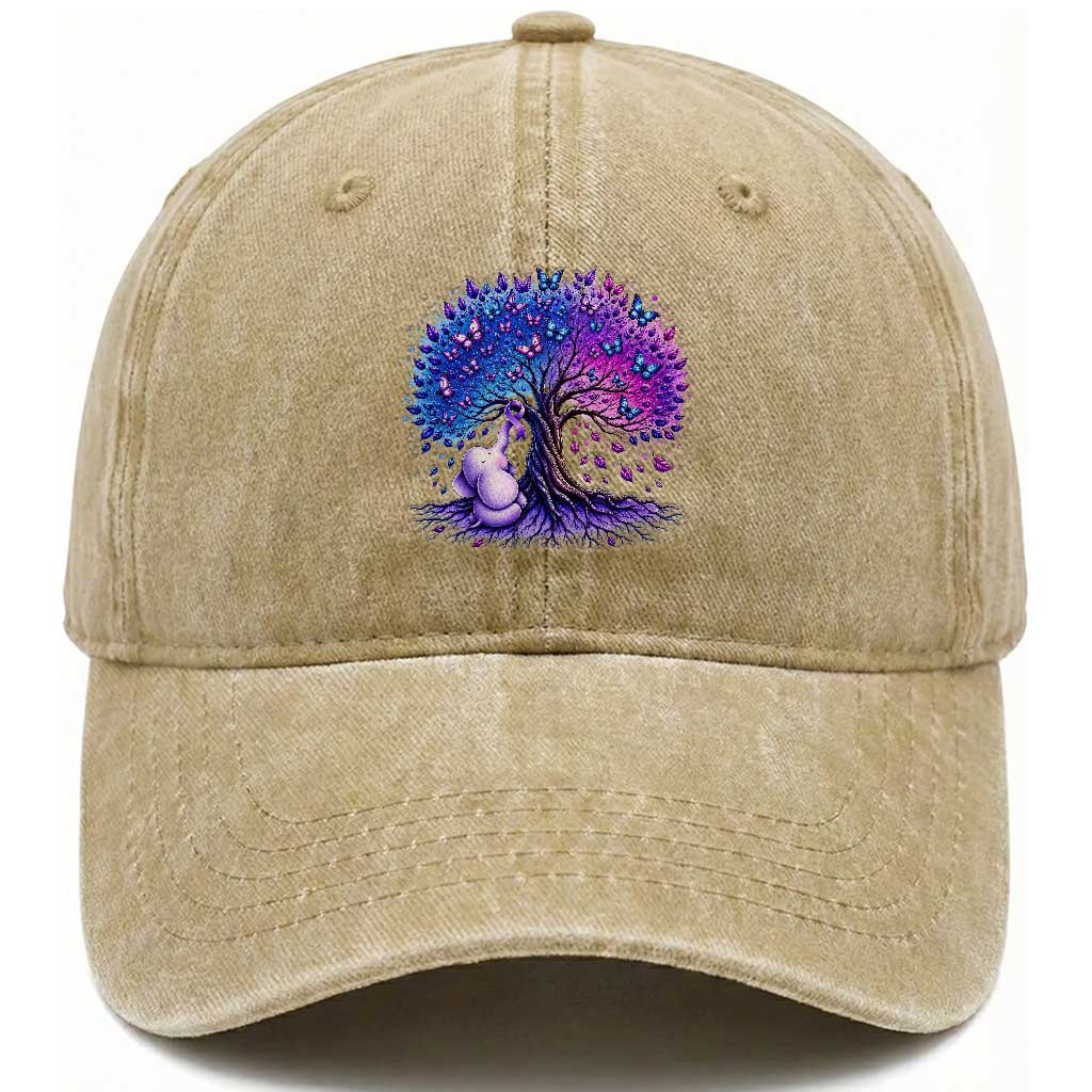 Purple Elephant Butterfly Ribbon Washed Cotton Baseball Cap Tree Of Life Alzheimers Support