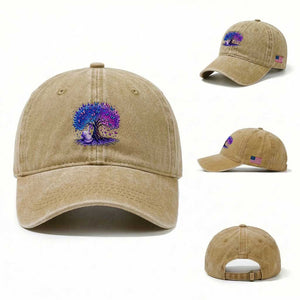 Purple Elephant Butterfly Ribbon Washed Cotton Baseball Cap Tree Of Life Alzheimers Support