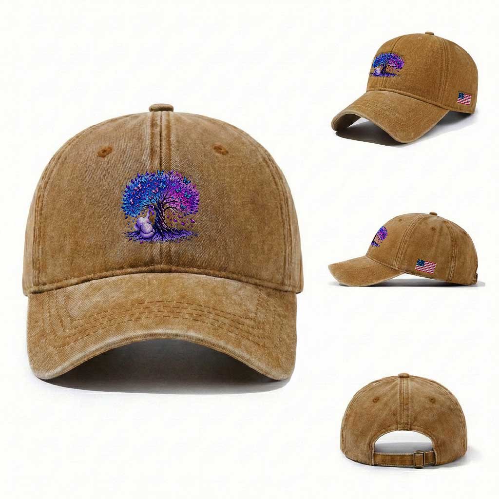 Purple Elephant Butterfly Ribbon Washed Cotton Baseball Cap Tree Of Life Alzheimers Support