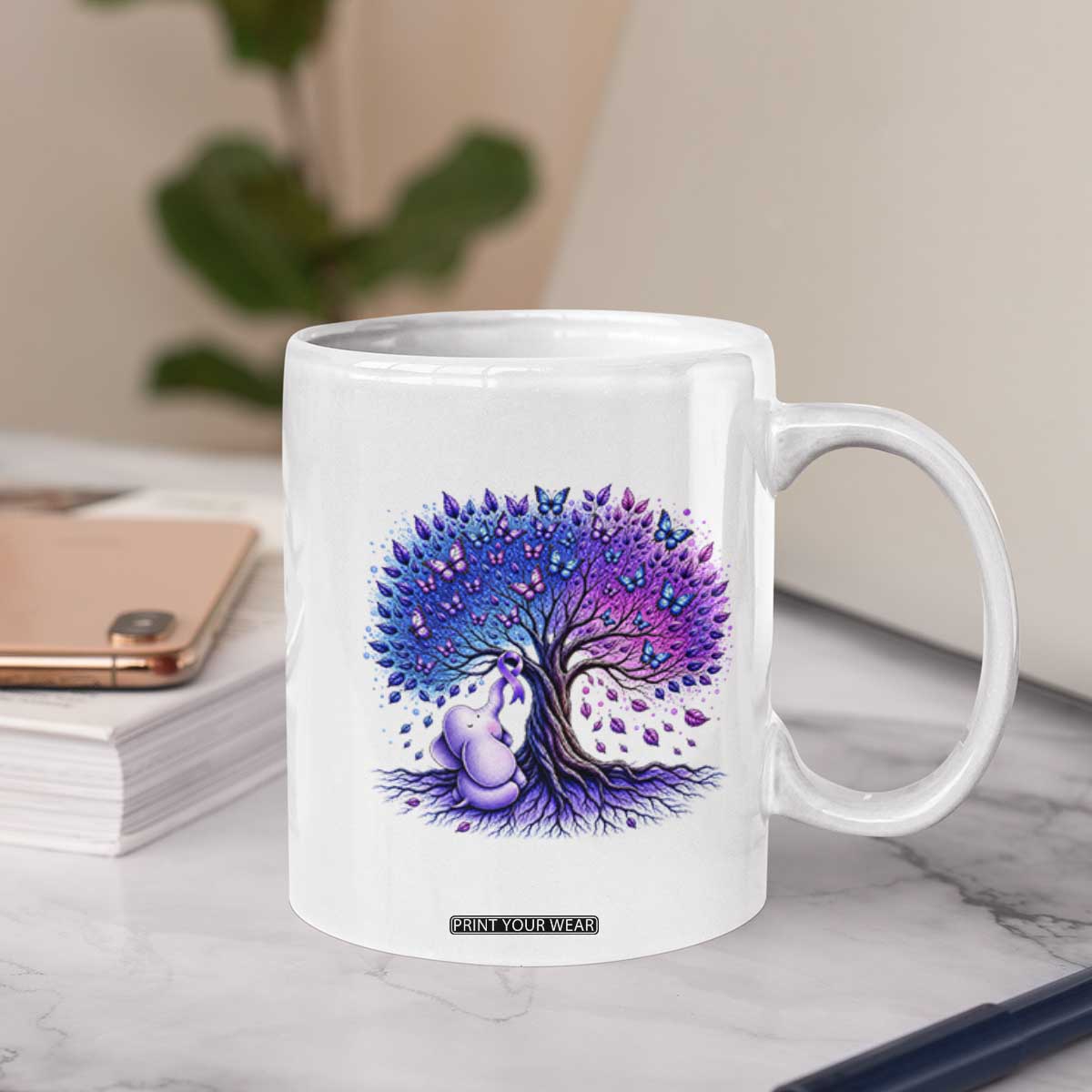 Purple Elephant Butterfly Ribbon Coffee Mug Tree Of Life Alzheimers Support TS12 Print Your Wear