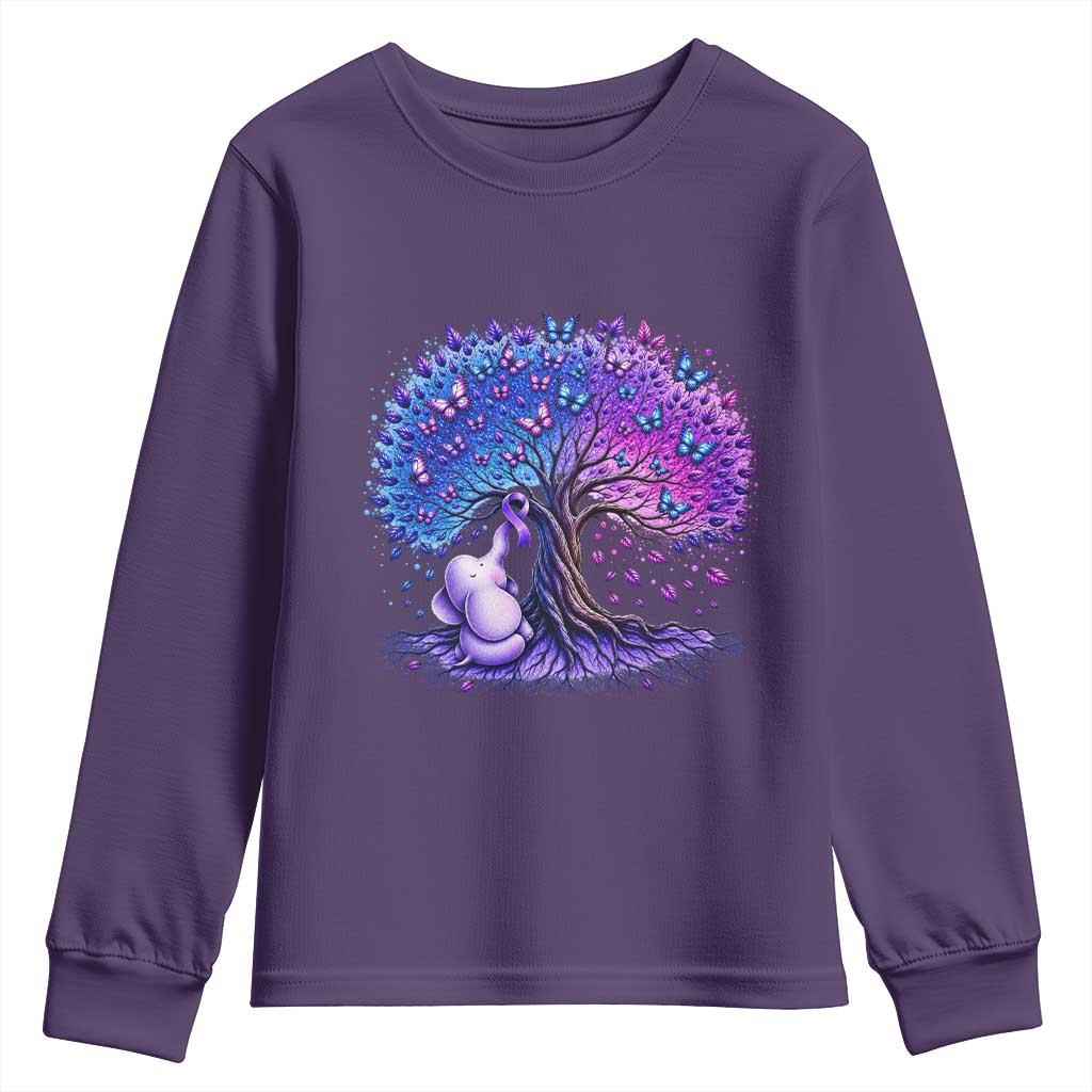 Purple Elephant Butterfly Ribbon Youth Sweatshirt Tree Of Life Alzheimers Support TS12 Purple Print Your Wear