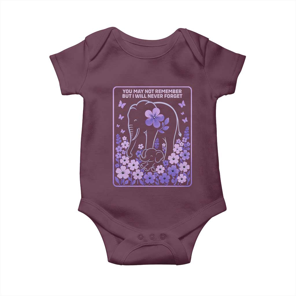 Elephant Alzheimers Purple Floral Support Baby Onesie You May Not Remember But I Will Never Forget