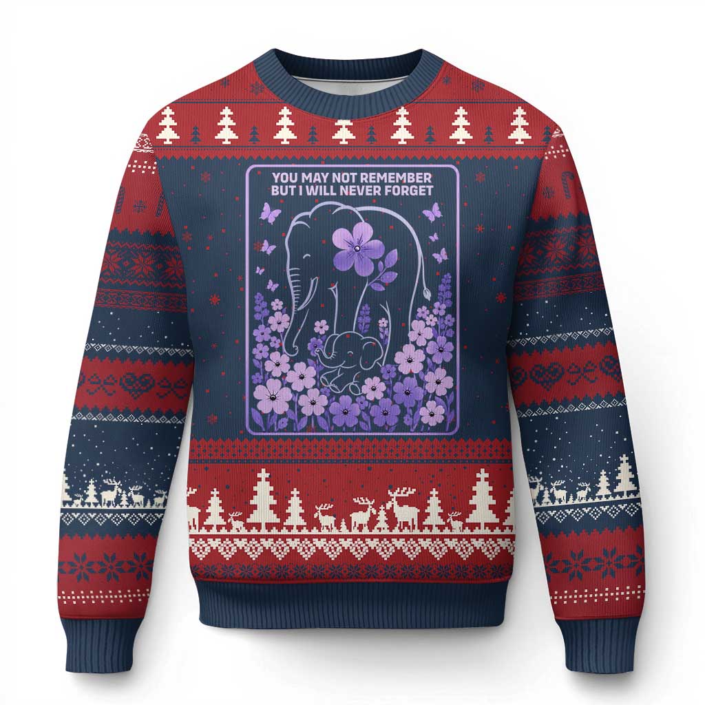 Elephant Alzheimers Purple Floral Support Ugly Christmas Sweater You May Not Remember But I Will Never Forget TS12 Navy Red Print Your Wear