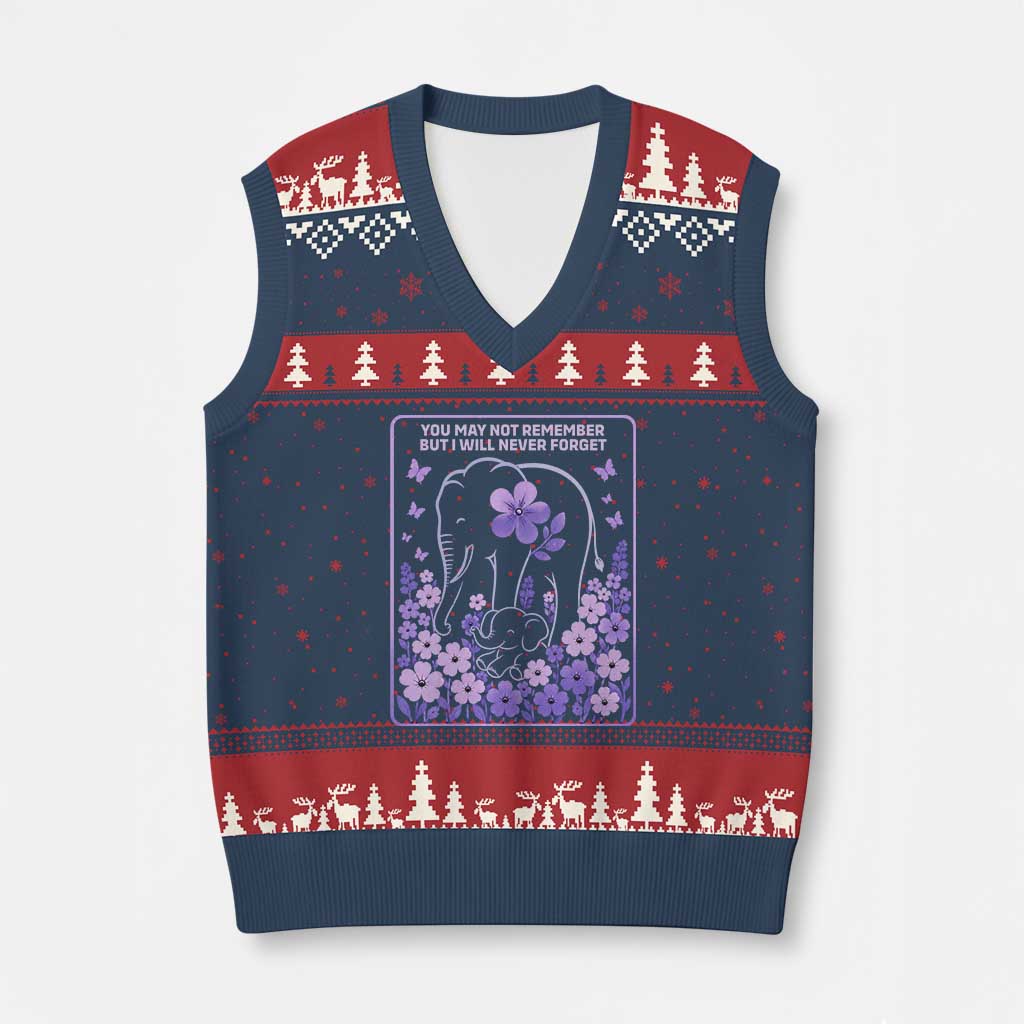 Elephant Alzheimers Purple Floral Support V-Neck Knit Sweater Vest You May Not Remember But I Will Never Forget TS12 Navy Red Print Your Wear