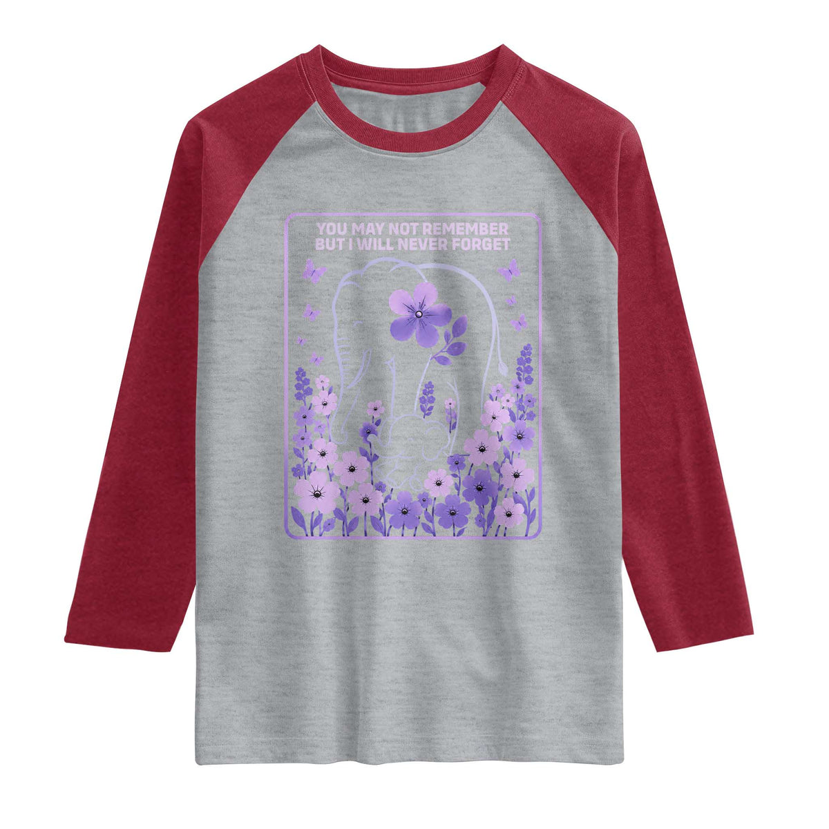 Elephant Alzheimers Purple Floral Support Raglan Shirt You May Not Remember But I Will Never Forget