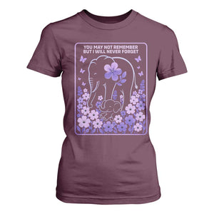 Elephant Alzheimers Purple Floral Support T Shirt For Women You May Not Remember But I Will Never Forget