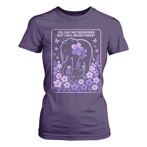 Elephant Alzheimers Purple Floral Support T Shirt For Women You May Not Remember But I Will Never Forget