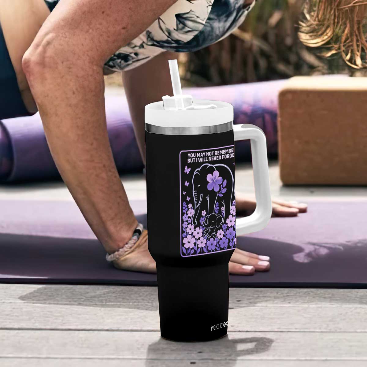 Elephant Alzheimers Purple Floral Support Tumbler With Handle You May Not Remember But I Will Never Forget