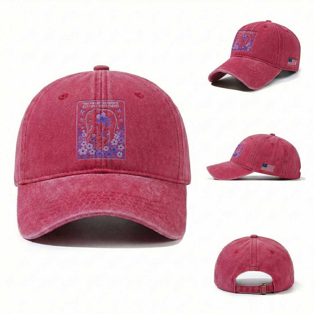 Elephant Alzheimers Purple Floral Support Washed Cotton Baseball Cap You May Not Remember But I Will Never Forget